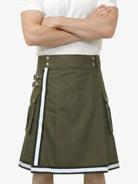 Person wearing a green kilt with white stripes on a white background