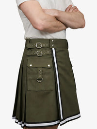 Person wearing a green kilt with white accents on a plain background