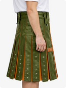 Olive Green and brown kilt with decorative buttons on a white background