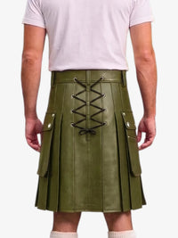 An olive green faux-leather kilt with a central lace-up closure and side flap pockets, shown on a model from the back wearing a light pink t-shirt.