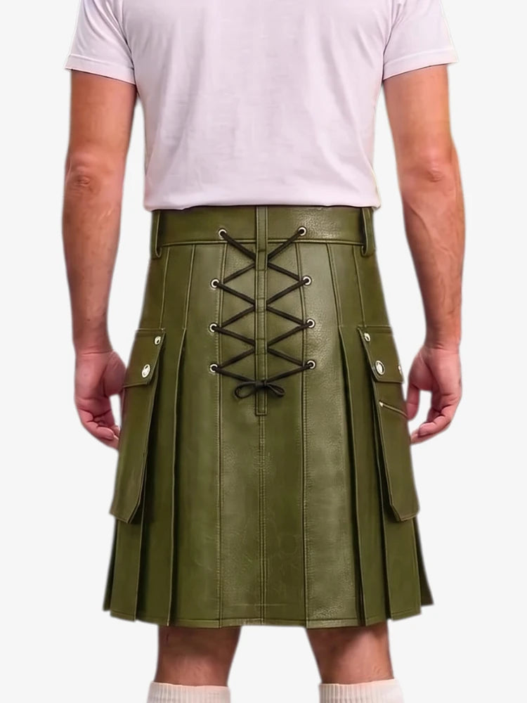 An olive green faux-leather kilt with a central lace-up closure and side flap pockets, shown on a model from the back wearing a light pink t-shirt.