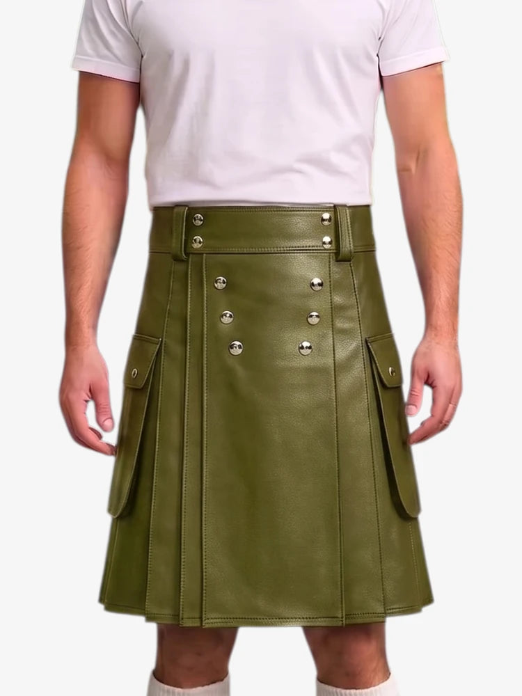 An olive green faux leather kilt with silver-tone metal studs and flap pockets, worn by a model in a white t-shirt against a light gray background.