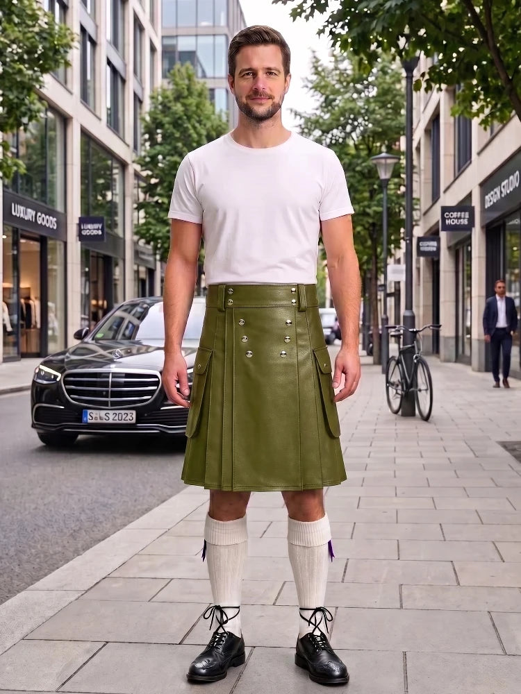 A man stands on a city sidewalk wearing a white crew-neck t-shirt and an olive green pleated leather kilt with silver hardware, paired with white knee-high socks and black leather shoes.