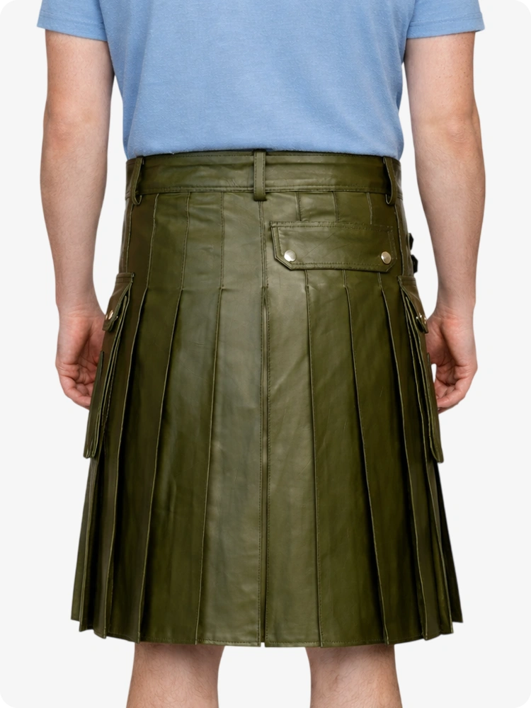 Olive Green Genuine Leather Utility Kilt with Side Pockets