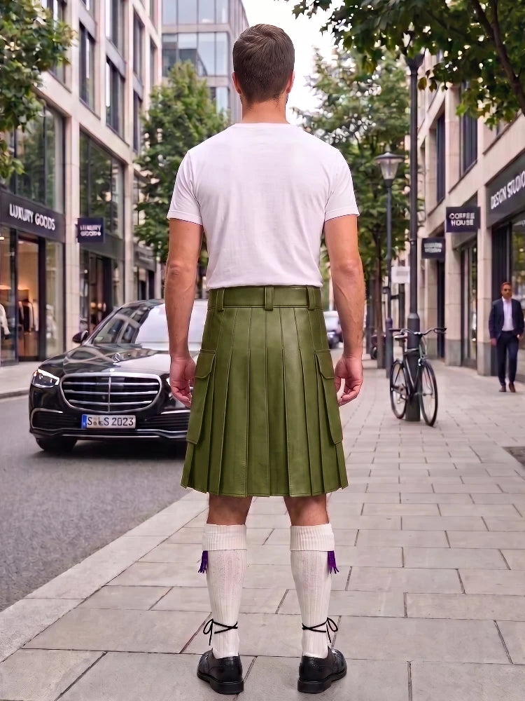 Olive Green Leather Kilt For Men Tactical Utility Kilts