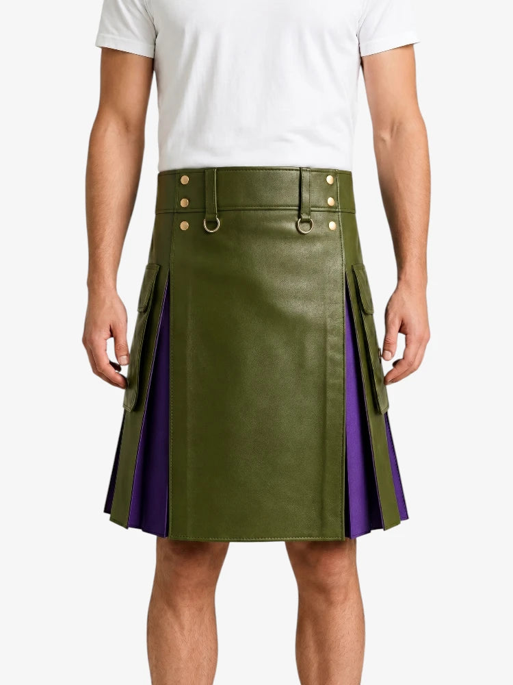 Olive Green Leather Kilt With Purple Pleats