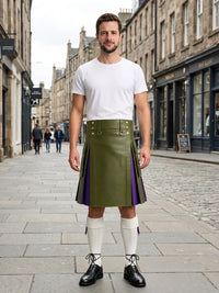 Olive Green Leather Kilt With Purple Pleats Front Side
