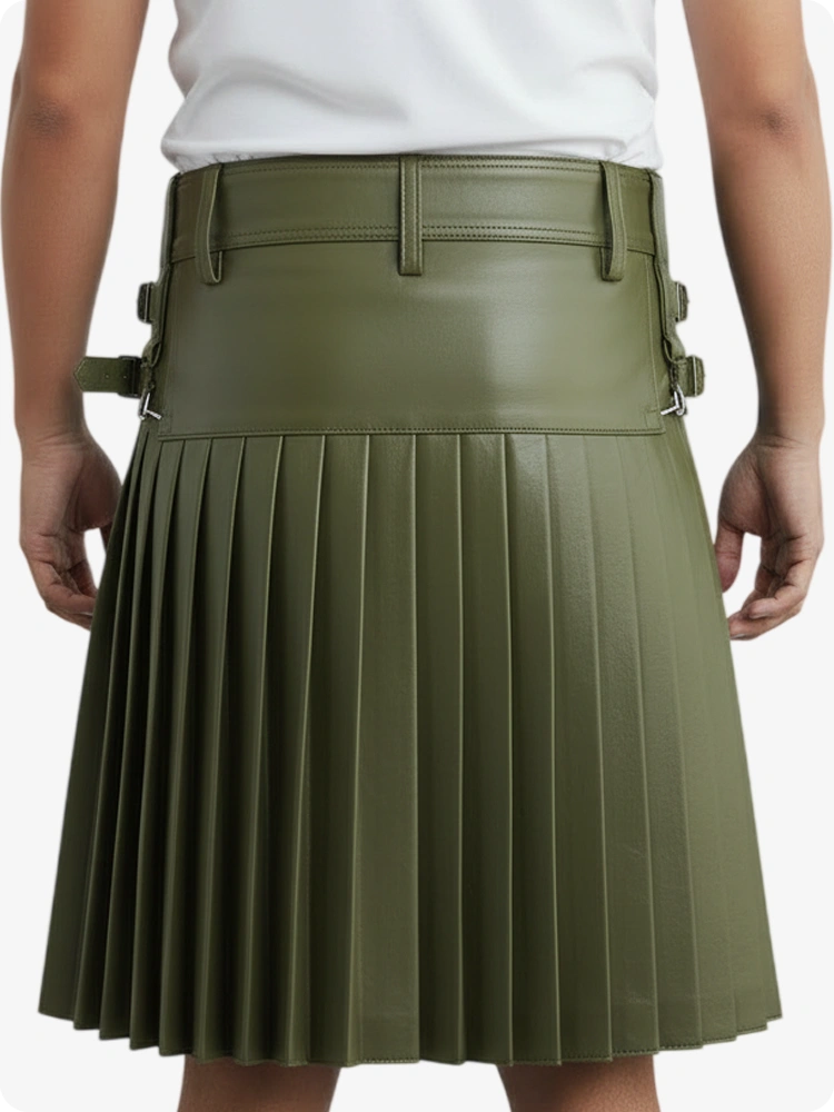 Olive Green leather skirt with a large front pocket on a white background
