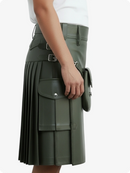 Olive Green leather skirt with a large front pocket on a white background
