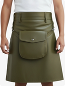 Olive Green leather skirt with a large front pocket on a white background