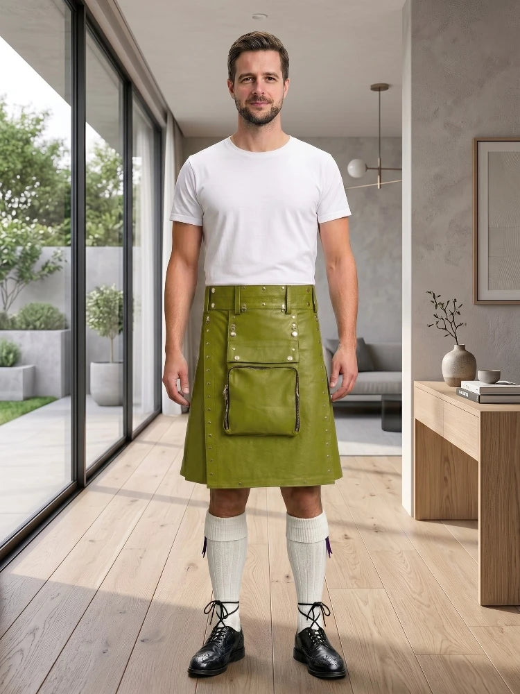Olive Green Leather Utility Kilt