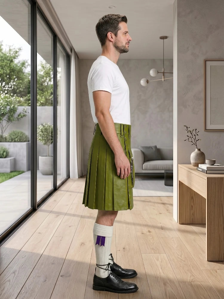 Olive Green Leather Utility Kilt Right Side