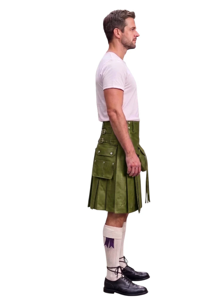 A man shown in profile wearing a green kilt, white t-shirt, white knee-high socks, and black leather shoes against a plain white background.