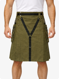 Person wearing a green kilt with suspenders on a white background
