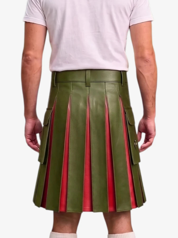 A model from the back wearing a pleated olive green faux leather kilt with red inner lining and side cargo pockets, paired with a light pink t-shirt.