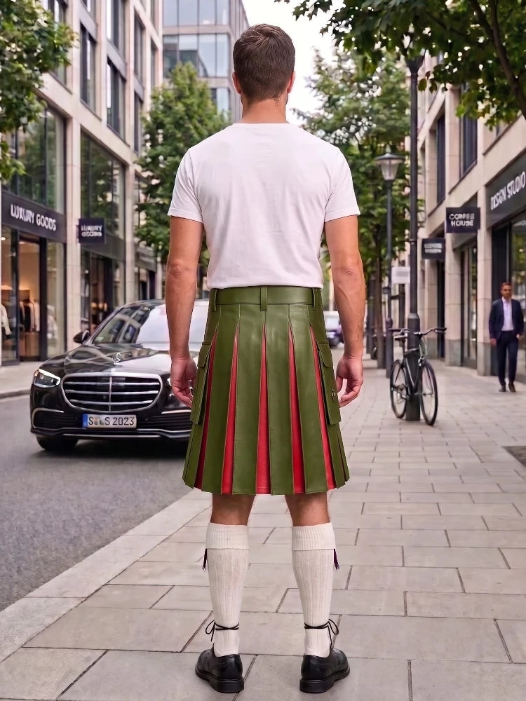 A man standing on a city sidewalk, viewed from behind, wearing an olive green pleated leather kilt with red center panels, a white t-shirt, white knee-high socks, and black shoes. Modern buildings, trees, a parked black Mercedes, and a bicycle are visible in the background.