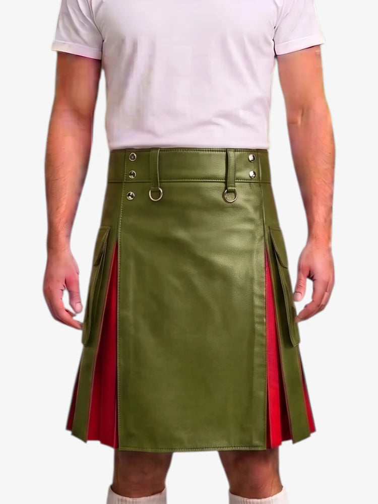 A model wearing a green faux-leather kilt with red side panels and silver-tone hardware, paired with a white t-shirt and white socks, against a plain white background.
