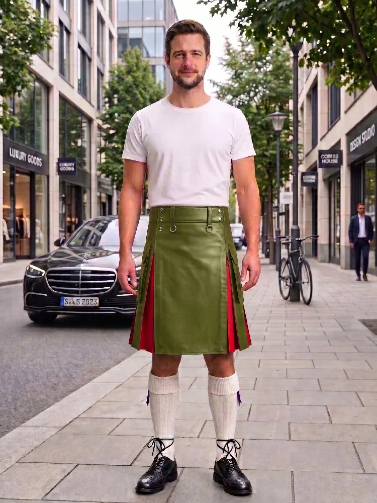 A man stands on a city sidewalk wearing a white crew-neck t-shirt and an olive green pleated kilt with red side panels, paired with white knee-high socks and black leather shoes.