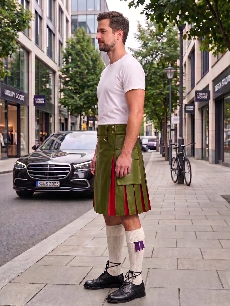 A man standing on a city sidewalk wearing a green pleated leather kilt with red and purple striped accents, a white t-shirt, white knee-high socks, and black leather shoes. A black Mercedes-Benz is parked on the street behind him.