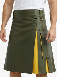 Green and yellow kilt worn by a person on a white background