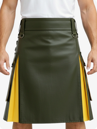 Green and yellow kilt worn by a person on a white background