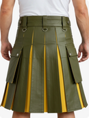 Green pleated kilt with yellow accents worn by a person on a white background