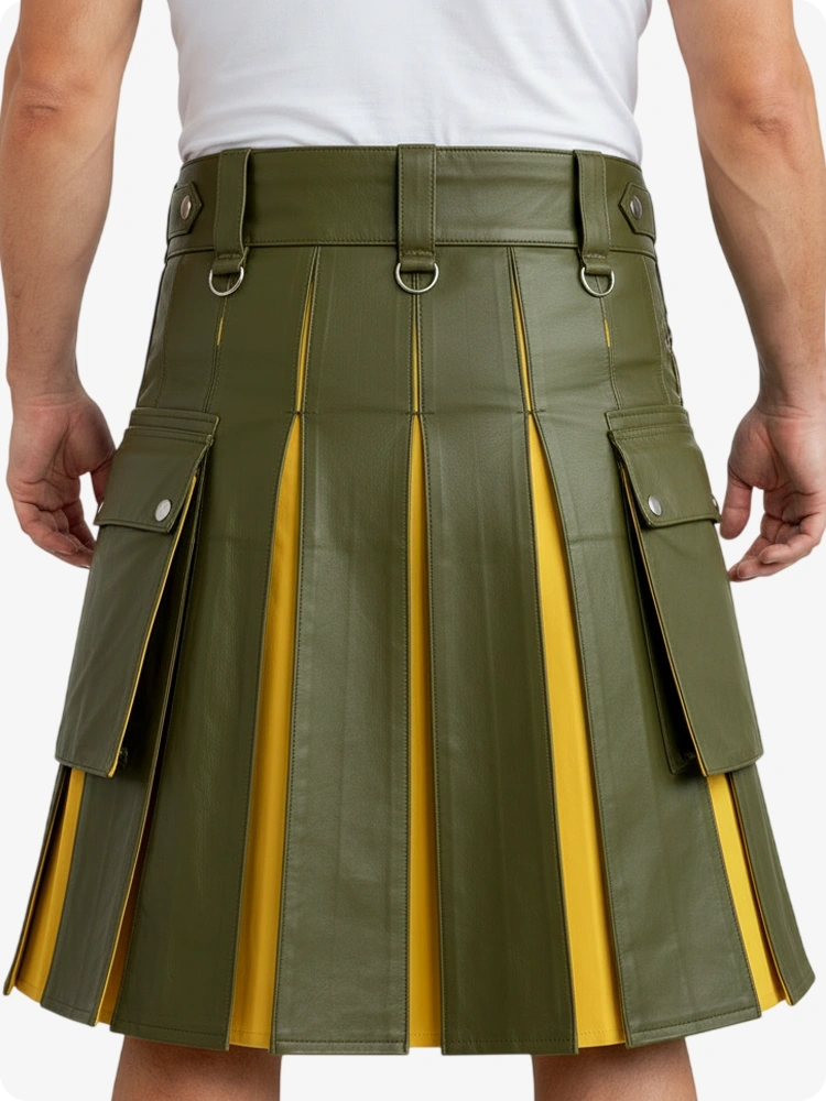 Green pleated kilt with yellow accents worn by a person on a white background