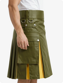 Green kilt with yellow accents worn by a person on a white background
