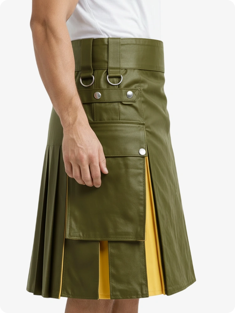 Green kilt with yellow accents worn by a person on a white background