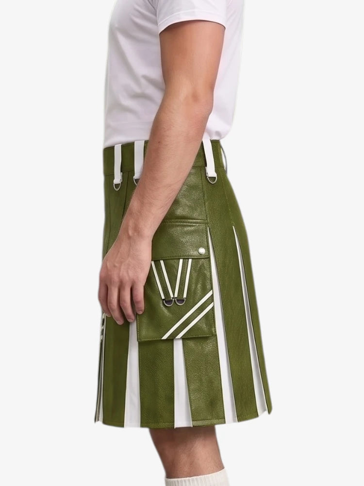 A side view of a person wearing a green leather kilt with white vertical stripes and a large front cargo pocket with white diagonal stripes.