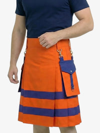 Person wearing an orange and blue kilt on a white background