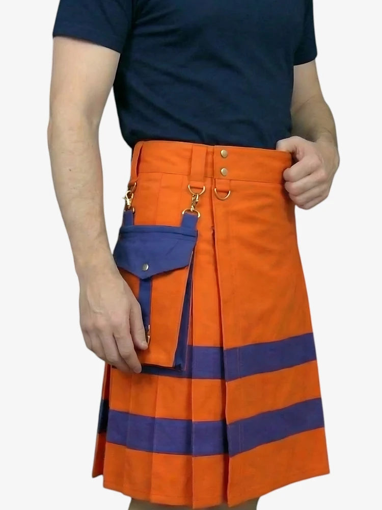 Person wearing an orange and blue kilt on a white background
