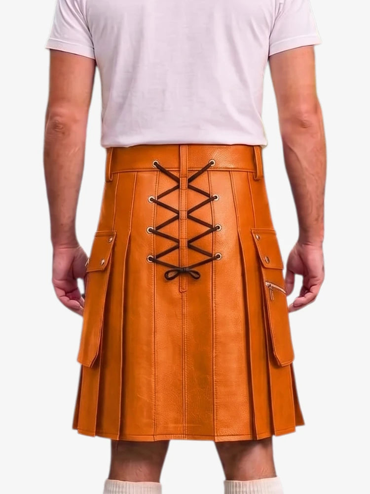 A man wearing a tan leather kilt with a lace-up back closure, shown from the back against a light gray studio background.