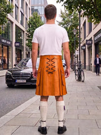 A man standing on a city sidewalk, photographed from behind, wearing a white t-shirt and a bright orange-brown leather kilt with black lace-up detailing at the back. He is also wearing white knee-high socks and black shoes.