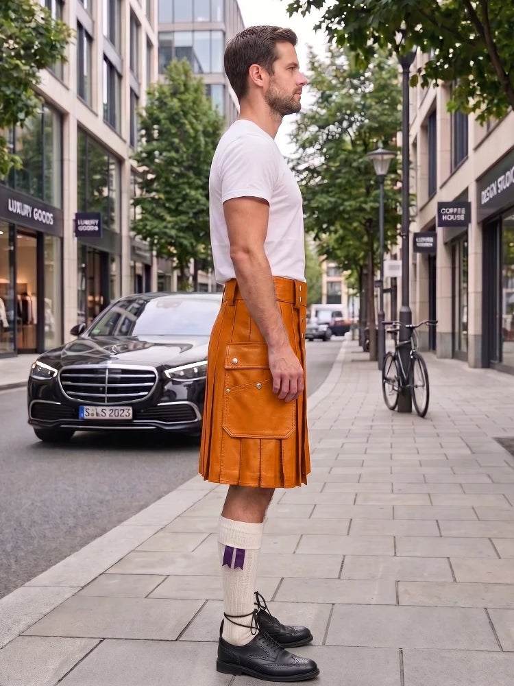 A man standing on a city sidewalk wearing a bright orange kilt, white t-shirt, white socks, and black shoes, with a street scene and parked cars in the background.