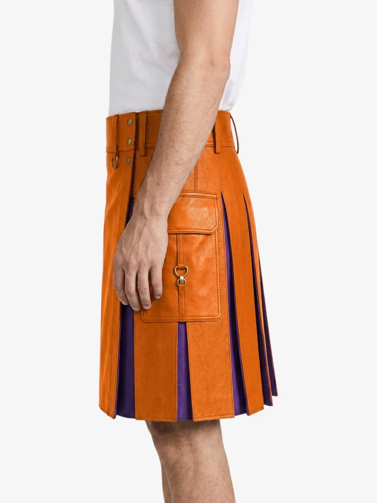 Orange Leather Kilt With Purple Pleats Left