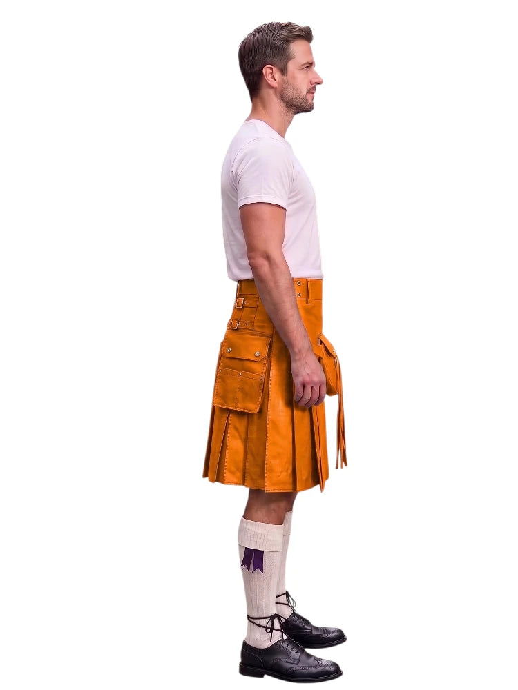 A man shown in profile wearing a bright orange leather kilt, a white t-shirt, white knee-high socks, and black leather shoes, isolated on a white background.