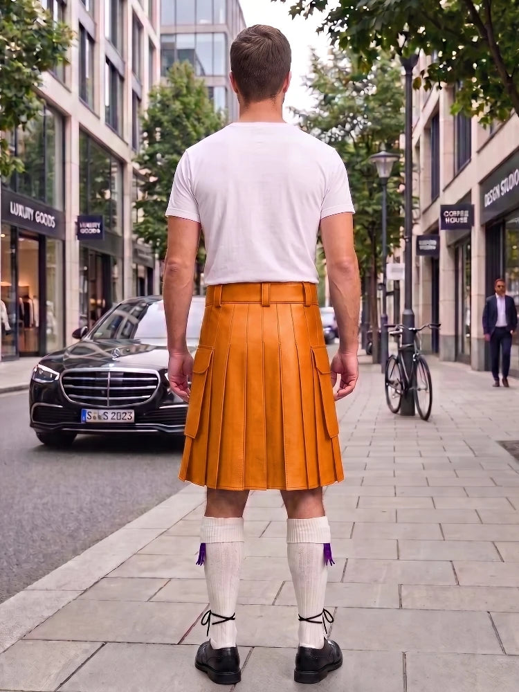 Orange With White Cowhide Leather Hybrid Utility Kilt