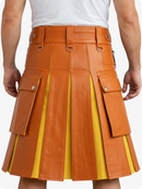 Orange leather kilt with yellow lining worn by a person on a white background