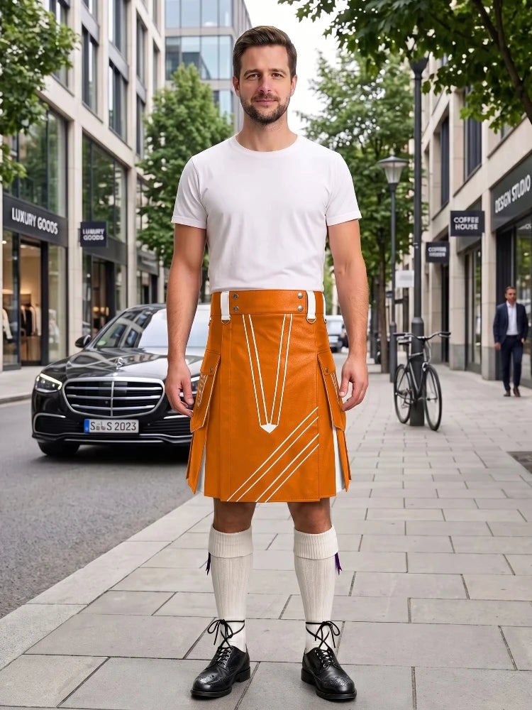 A man stands on a city sidewalk wearing a white crew-neck t-shirt and a bright orange kilt with white geometric stripe patterns. He is also wearing white knee-high socks and black leather shoes.