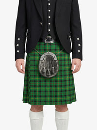 Person wearing a green plaid kilt with a black jacket on a white background