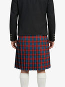 Person wearing a black jacket and red plaid kilt on a white background