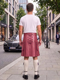 A man viewed from behind wearing a dusty rose pink leather kilt with lace-up detailing, a white t-shirt, and white knee-high socks, standing on a city sidewalk.