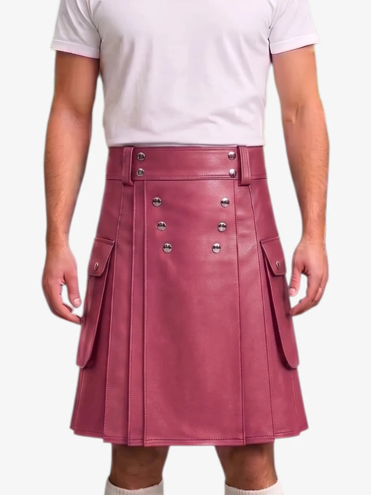 A person wearing a dusty rose faux leather kilt with silver-tone metal buttons and side flap pockets, paired with a white t-shirt against a light gray background.