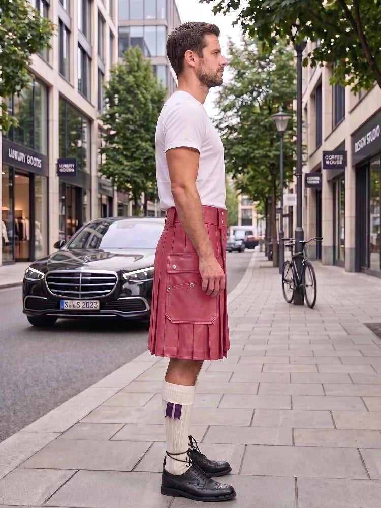 A man standing on a city sidewalk wearing a white t-shirt, a dusty rose pleated kilt, white socks with purple stripes, and black leather shoes. A black Mercedes-Benz car is parked on the street behind him.