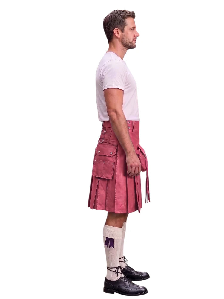 A man shown in profile wearing a pink leather kilt, a white t-shirt, white knee-high socks, and black leather shoes, set against a plain white background.