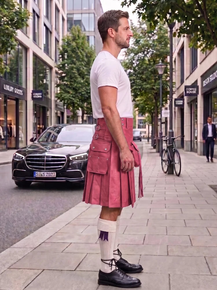 A man standing on a city sidewalk wearing a pink leather kilt, white t-shirt, white socks, and black leather shoes, with a black Mercedes and urban buildings in the background.