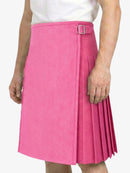 Pink pleated skirt with a belt on a white background