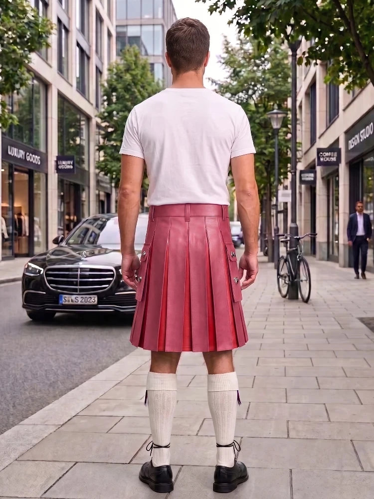 Pink With Red Cowhide Leather Hybrid Utility Kilt