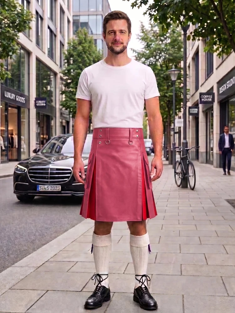 Pink With Red Cowhide Leather Hybrid Utility Kilt